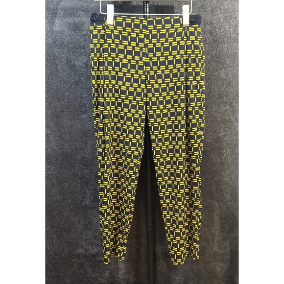 ZARA Navy Blue with Yellow contrasting print crop trousers pants XS - Picture 2 of 12